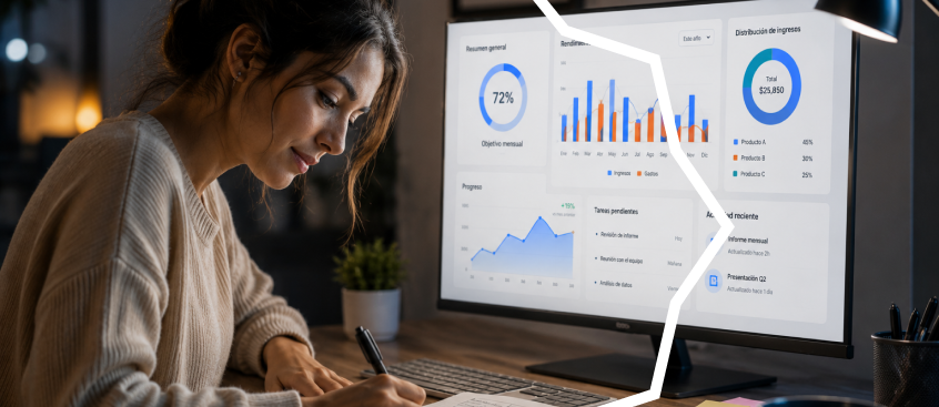 Profesional mujer revisando métricas digitales y análisis de contenido en pantalla.