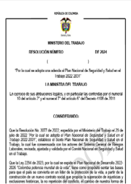 Proyecto de Resolución del Ministerio del Trabajo: “Por la cual se adopta una adenda al Plan Nacional de Seguridad y Salud en el Trabajo 2022-2031 Aporte Concepto Técnico: 01/08/2024